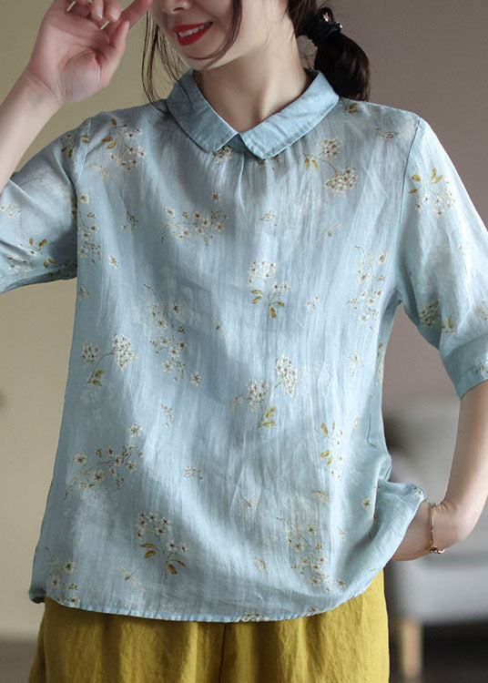 Plus Size Light Blue Peter Pan Collar Print Linen Shirt Tops Half Sleeve