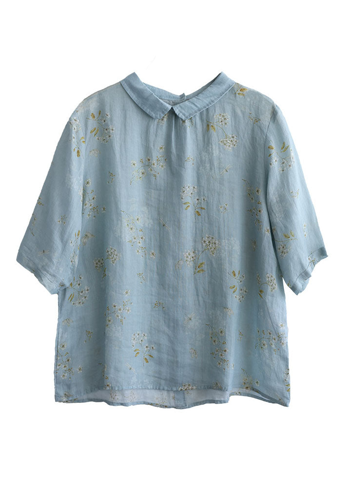 Plus Size Light Blue Peter Pan Collar Print Linen Shirt Tops Half Sleeve