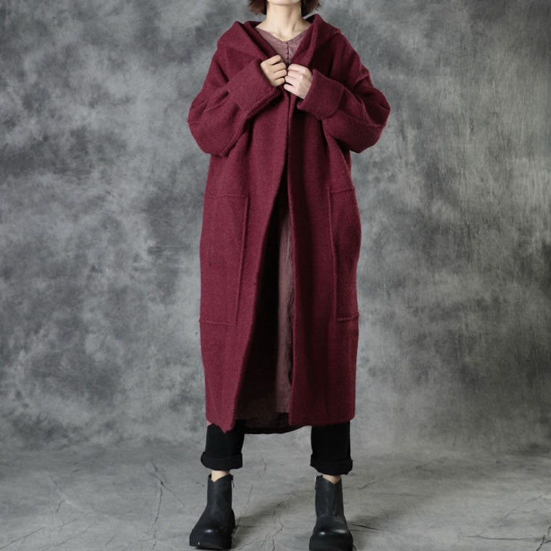 Plus Size Mulberry Loose Pockets Fall Hooded  Long Sleeve Sweaters Coat