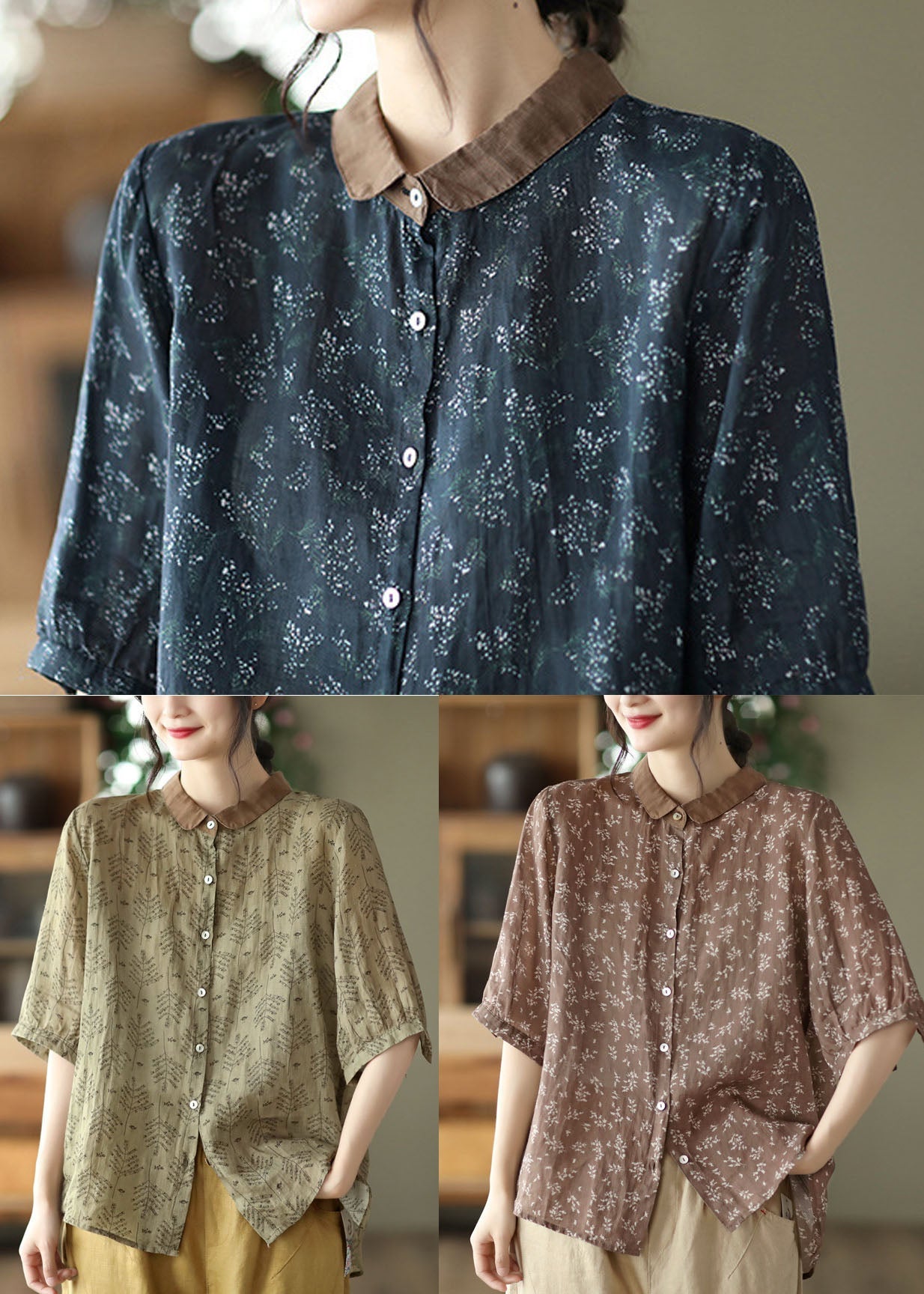 Plus Size Navy Peter Pan Collar Print Linen Shirts Half Sleeve