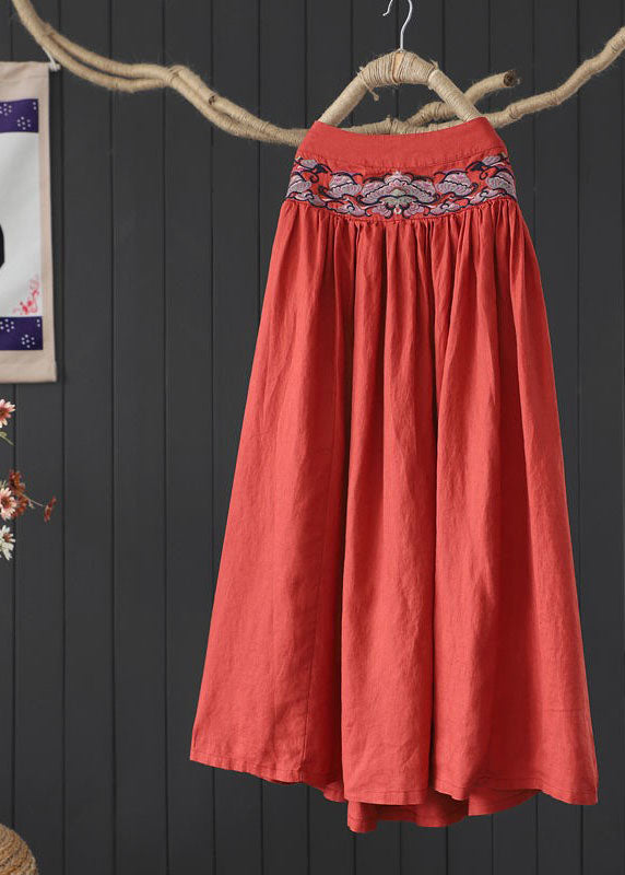 Plus Size Orange Cinched Embroideried Linen Skirt Spring