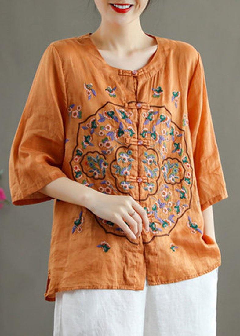 Plus Size Orange Embroideried Oriental Ramie Top Summer