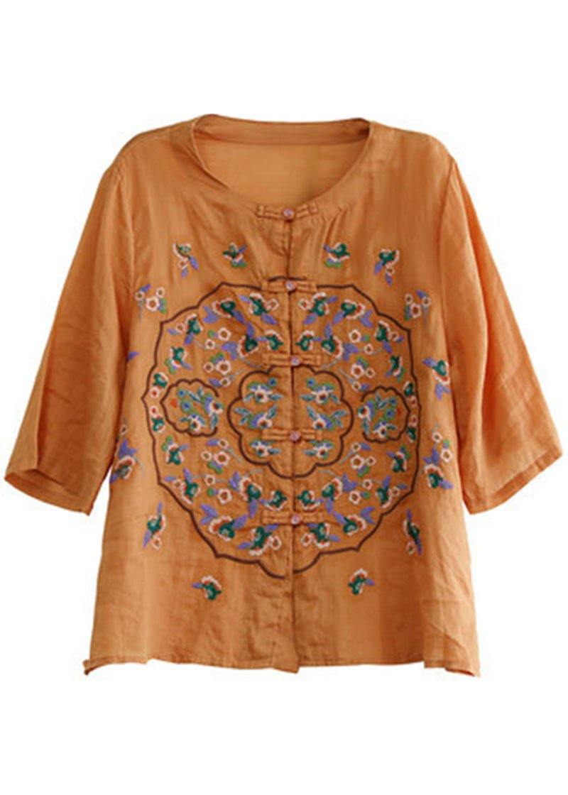 Plus Size Orange Embroideried Oriental Ramie Top Summer