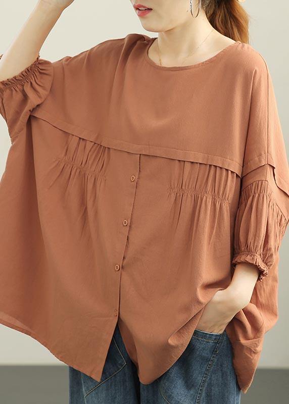 Plus Size Orange Patchwork Batwing Sleeve Cotton Shirt Tops Summer