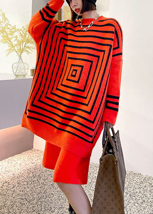 Plus Size Orange fashion Knit Casual Fall Women Sets 2 Pieces