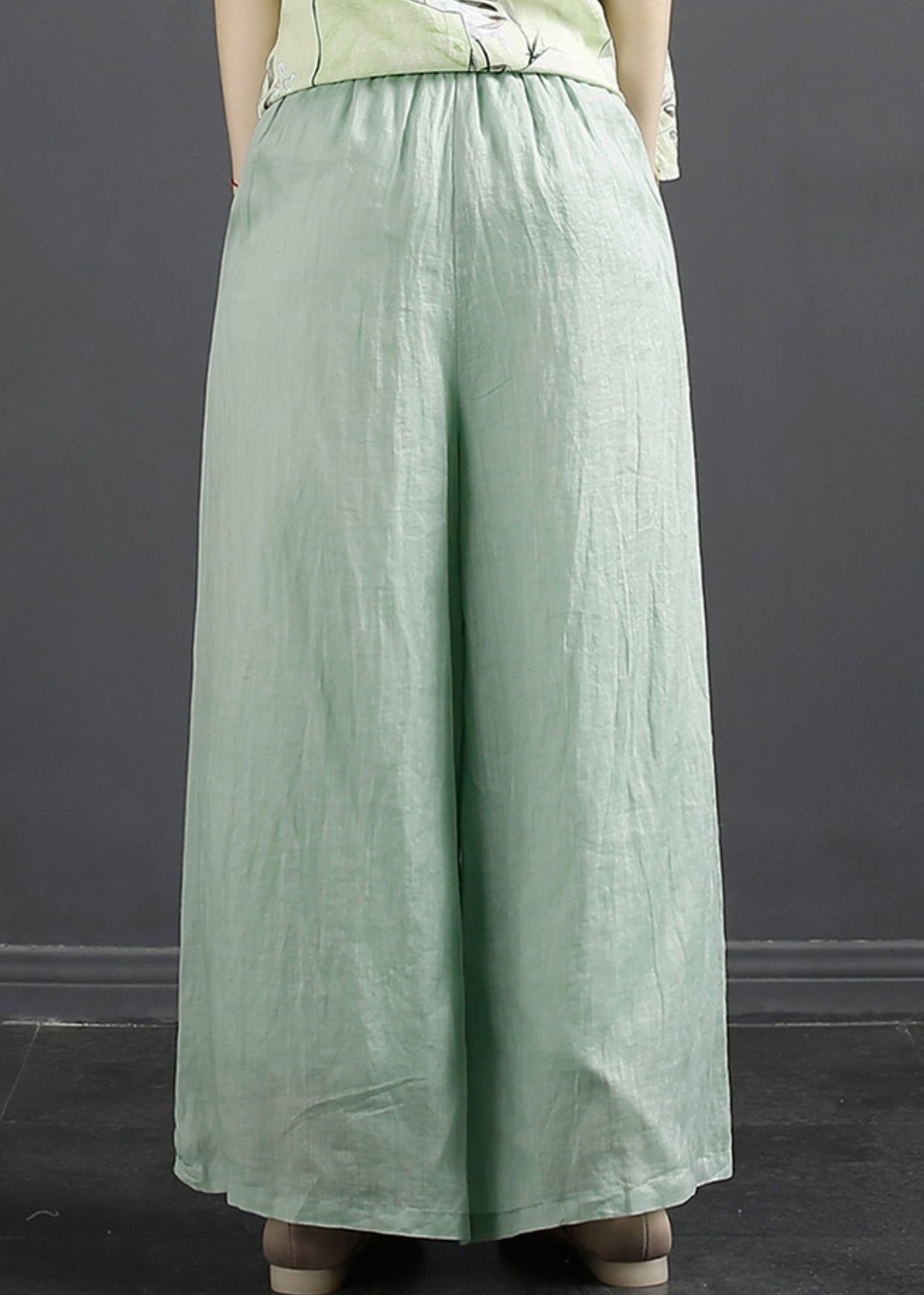 Plus Size Peacock Blue Pockets Elastic Waist Linen Wide Leg Pants Fall