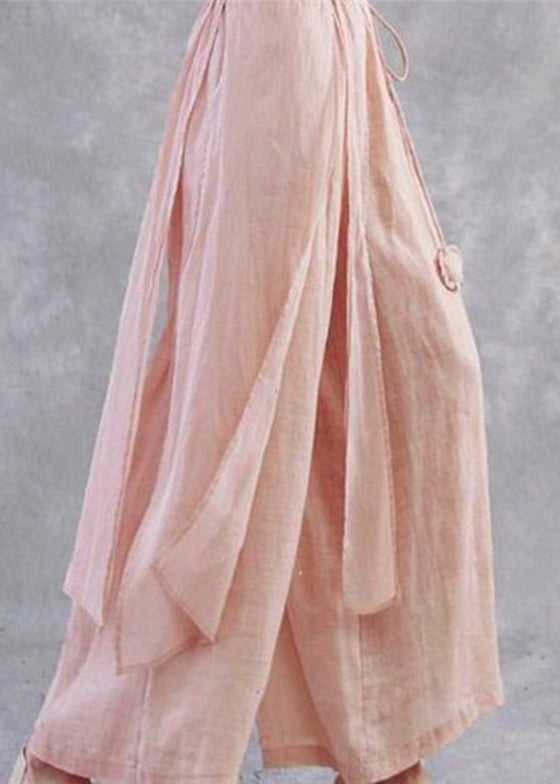 Plus Size Pink tie waistAsymmetrical Linen wide leg Pants Spring