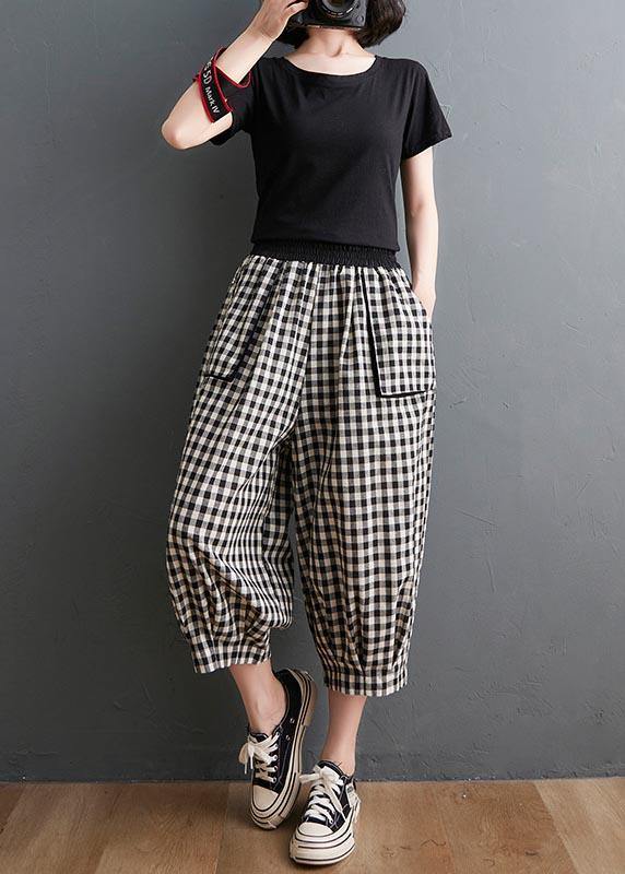 Plus Size Plaid Elastic Waist Casual Harem Pants Summer Cotton Linen