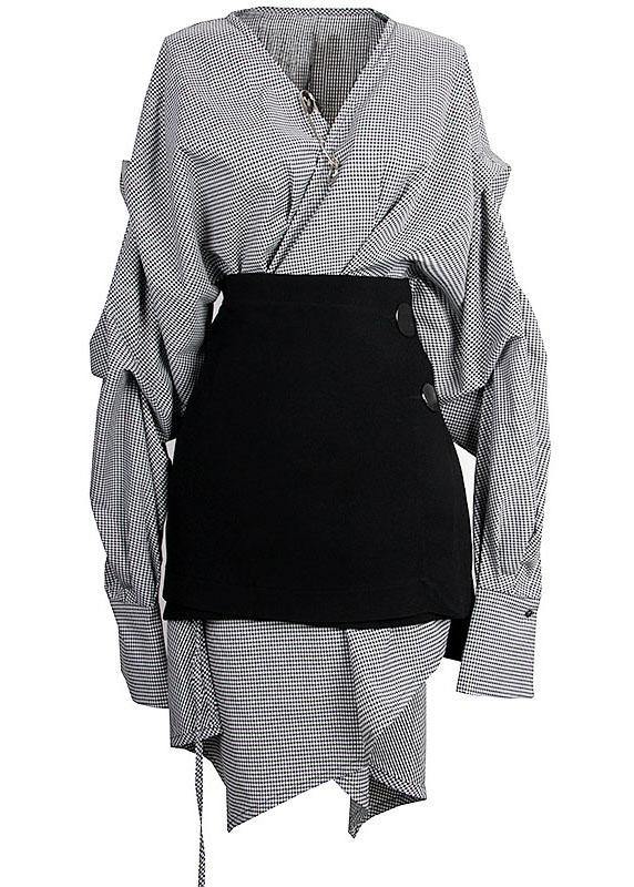 Plus Size Plaid V Neck asymmetrical designLong Sleeve Dress + Black Straight Skirt Two Pieces Set