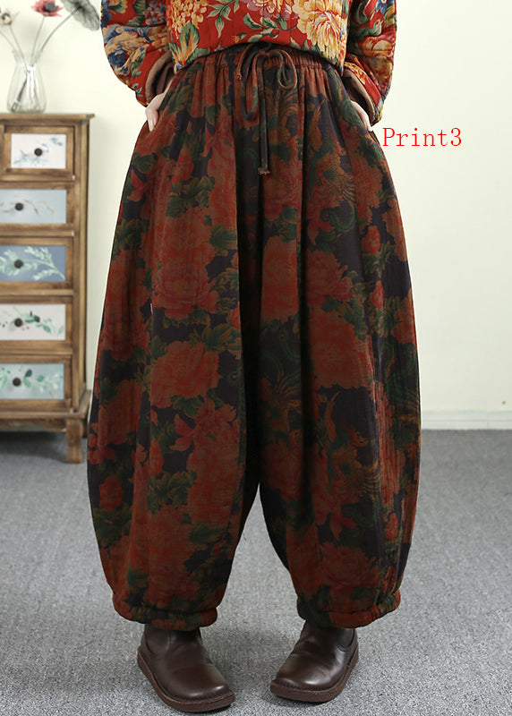 Plus Size Pockets Print Elastic Waist Fine Cotton Filled Pants Winter