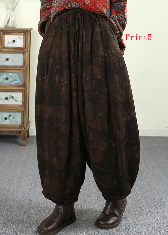 Plus Size Pockets Print Elastic Waist Fine Cotton Filled Pants Winter