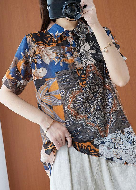 Plus Size Print Peter Pan Collar Button Cotton Linen Top Summer