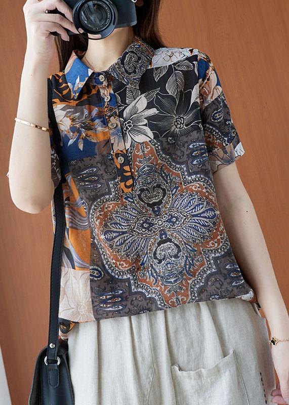 Plus Size Print Peter Pan Collar Button Cotton Linen Top Summer