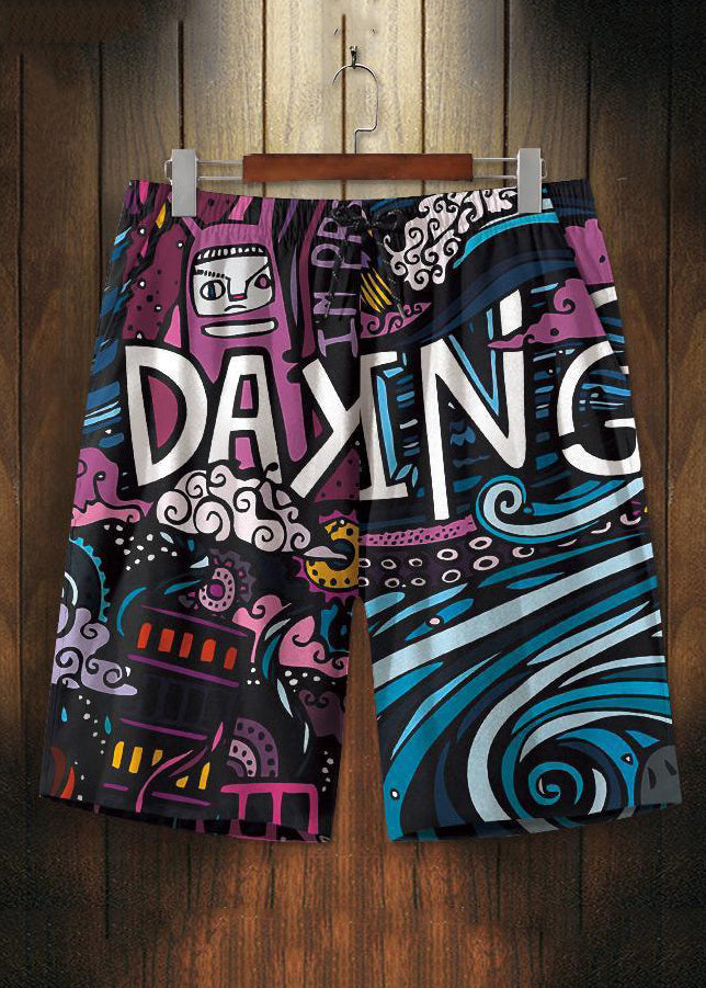 Plus Size Purple Print High Waist Cotton Mens Pants Men Beach Shorts Summer