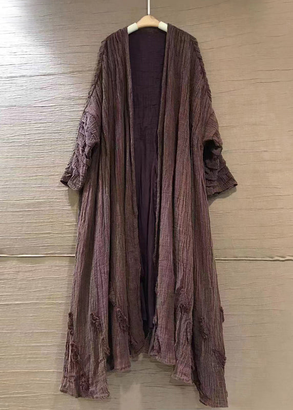 Plus Size Purple Solid V Neck Linen Cardigans Long Sleeve