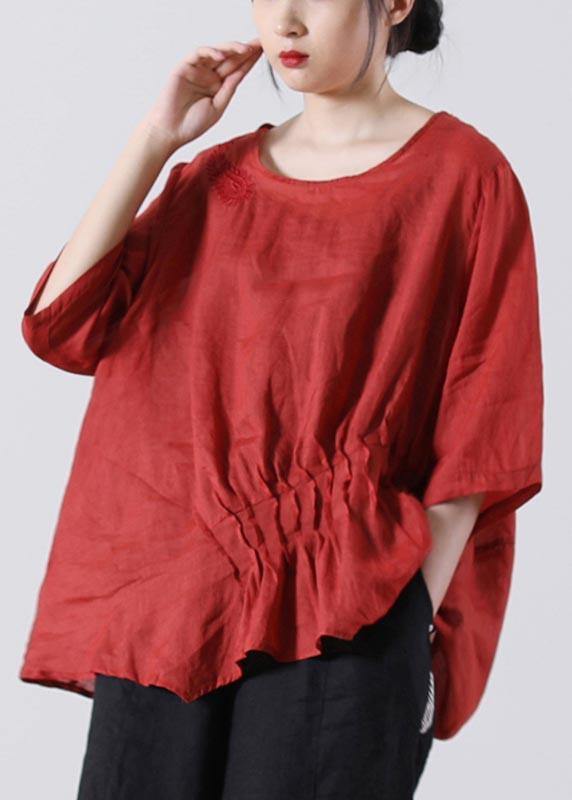 Plus Size Red Cinched Cotton Linen Summer Blouse Top