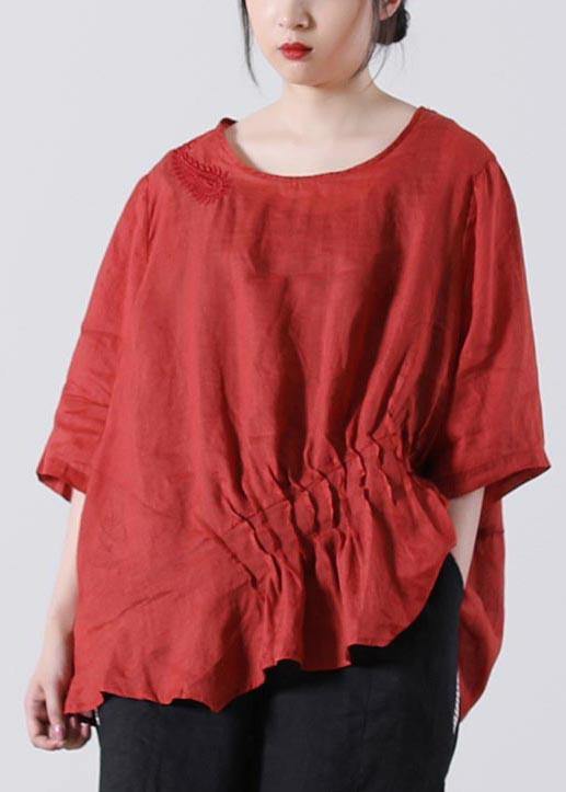 Plus Size Red Cinched Cotton Linen Summer Blouse Top