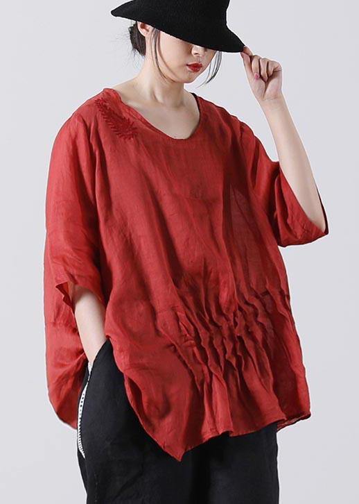 Plus Size Red Cinched Cotton Linen Summer Blouse Top