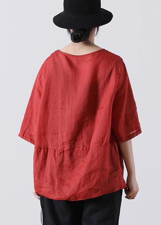 Plus Size Red Cinched Cotton Linen Summer Blouse Top