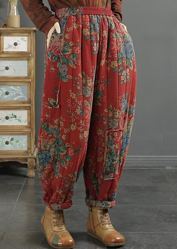 Plus Size Red Pockets Print Elastic Waist Fine Cotton Filled Pants Winter