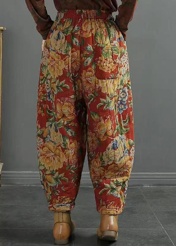 Plus Size Red Pockets Print Elastic Waist Fine Cotton Filled Pants Winter