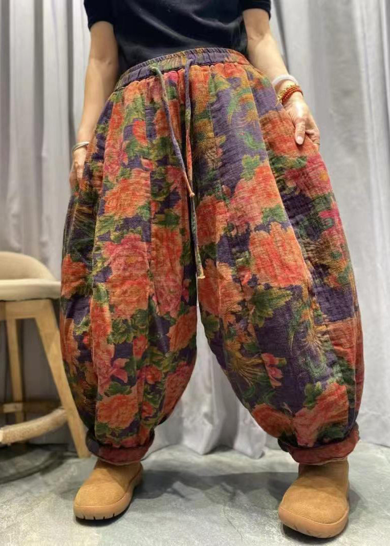 Plus Size Red Pockets Print Fine Cotton Filled Lantern Pants Winter