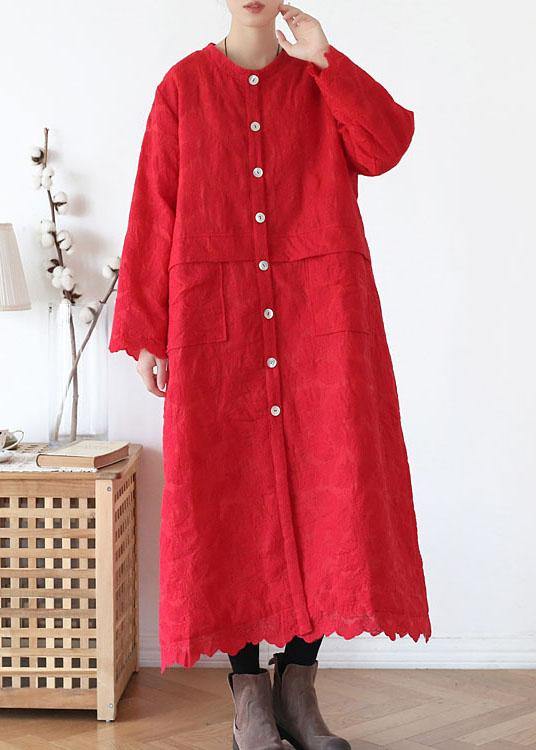 Plus Size Red Stand Button Fall Long Sleeve Coats