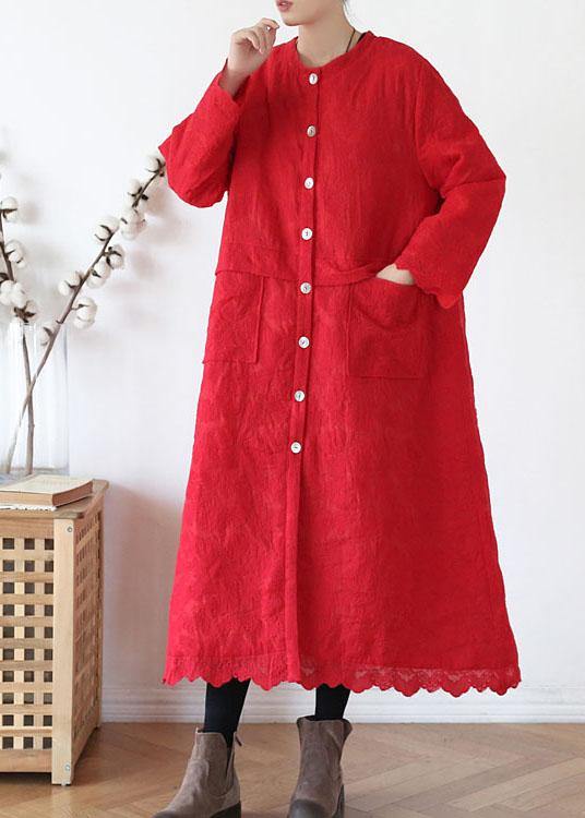 Plus Size Red Stand Button Fall Long Sleeve Coats