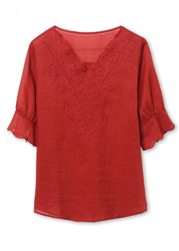 Plus Size Red V Neck Embroideried Patchwork Linen Tops Summer