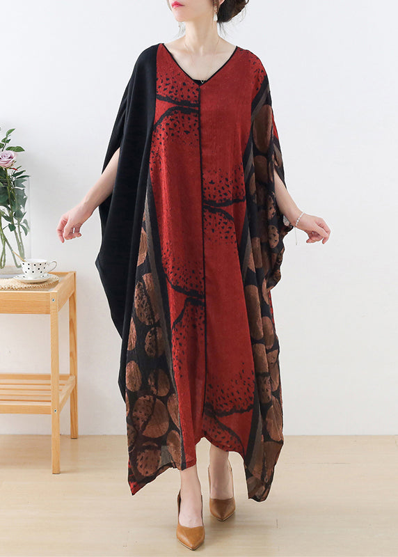 Plus Size Red V Neck Patchwork Silk Long Dress Batwing Sleeve