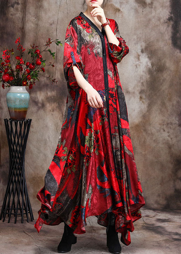 Plus Size Red retro Print Patchwork Fall Dress