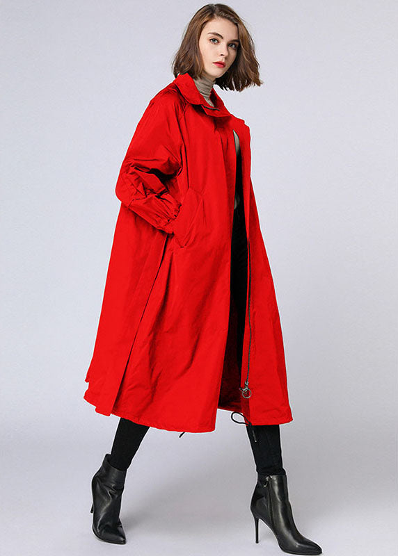 Plus Size Red zippered tie waist Pockets Fall Long Coat