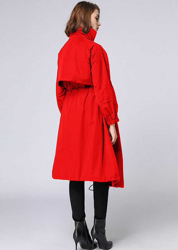 Plus Size Red zippered tie waist Pockets Fall Long Coat