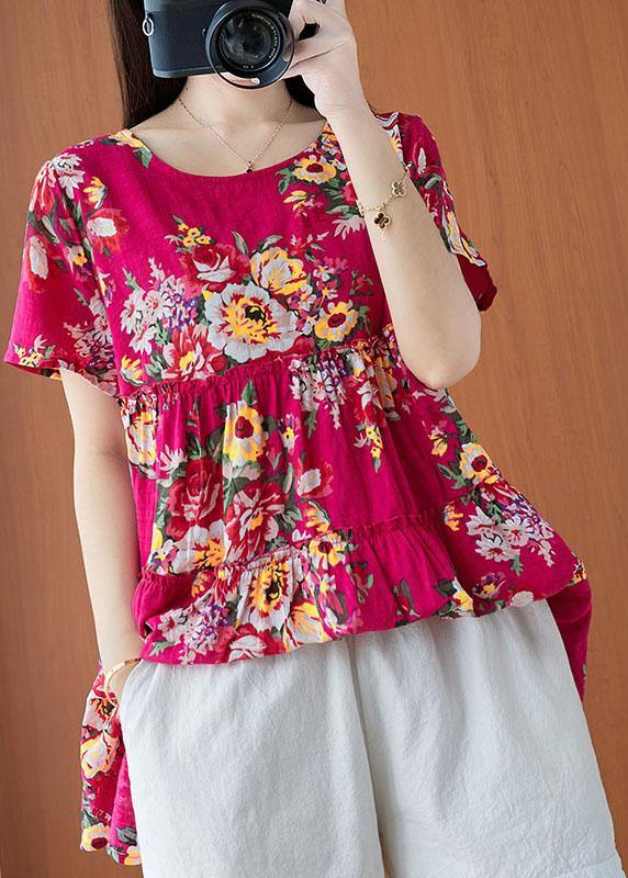 Plus Size Rose Print Cinched Cotton Linen Blouses Summer