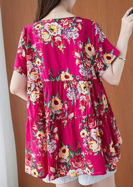 Plus Size Rose Print Cinched Cotton Linen Blouses Summer