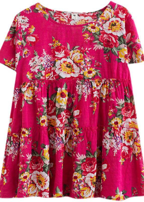 Plus Size Rose Print Cinched Cotton Linen Blouses Summer