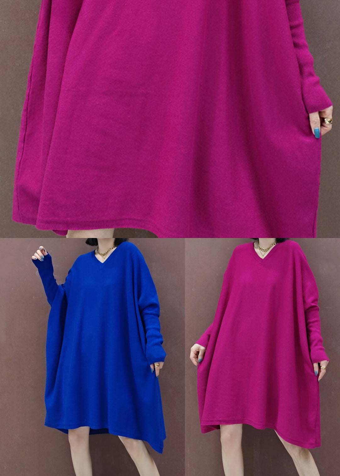 Plus Size Rose V Neck Solid Knit Dress Spring