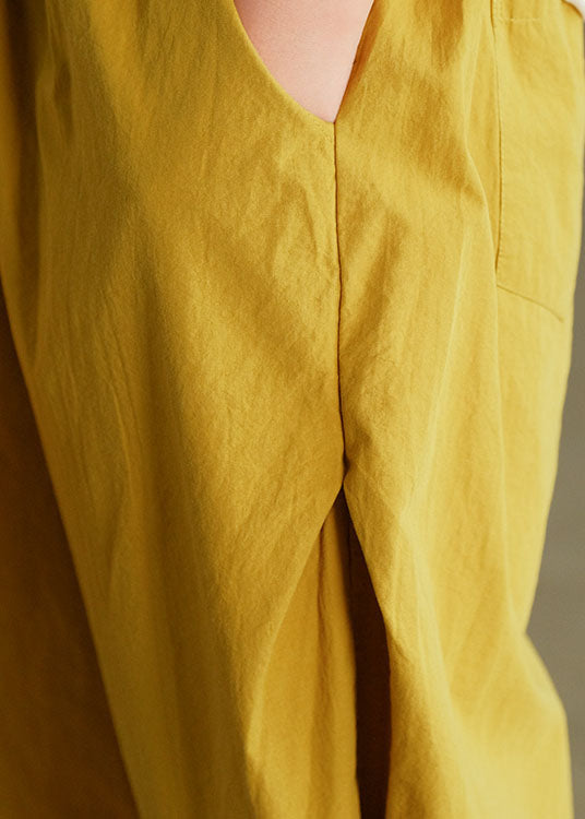 Plus Size Solid Yellow Elastic Waist Wrinkled Pockets Linen Crop Pants Summer