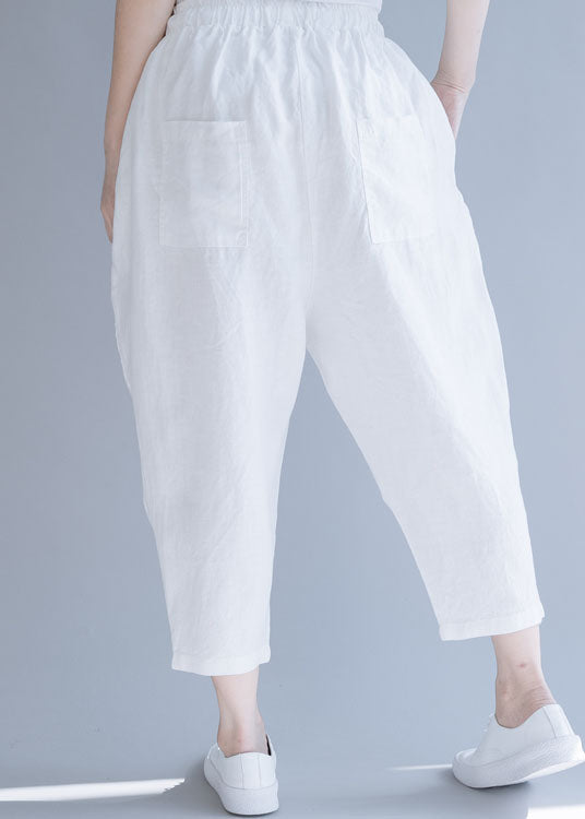 Plus Size White Cinched Casual Linen Pants Trousers Spring