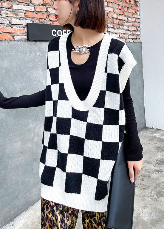 Plus Size White Plaid fashion V Neck Fall Knit Vest