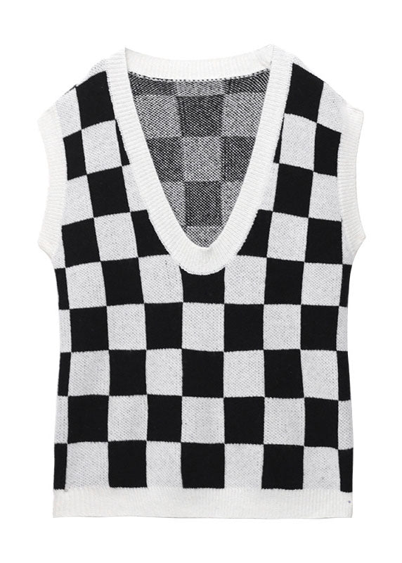 Plus Size White Plaid fashion V Neck Fall Knit Vest