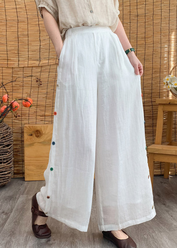 Plus Size White Pockets Patchwork Linen Long Pants Summer