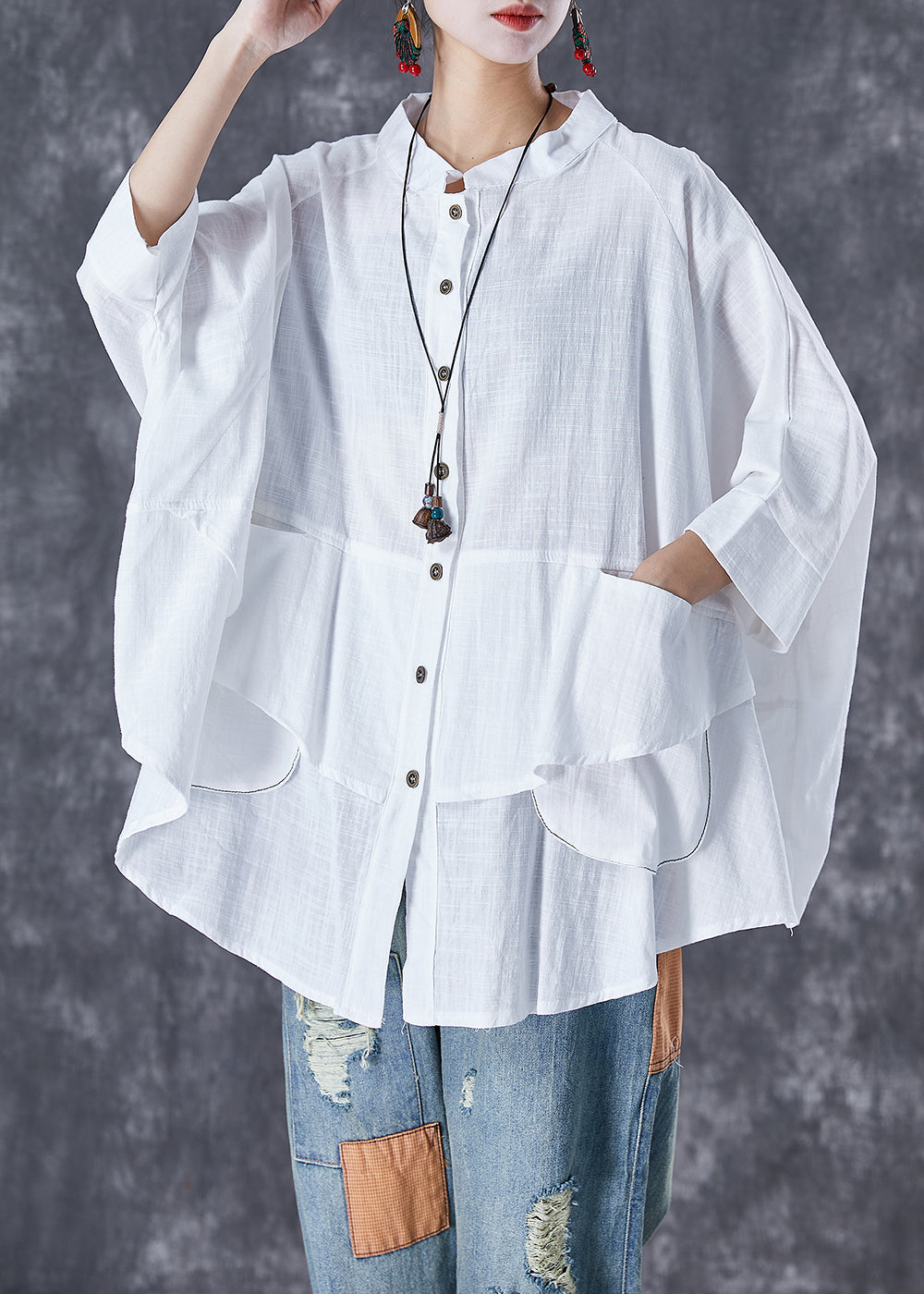 Plus Size Black Stand Collar Patchwork Linen Shirt Tops Batwing Sleeve