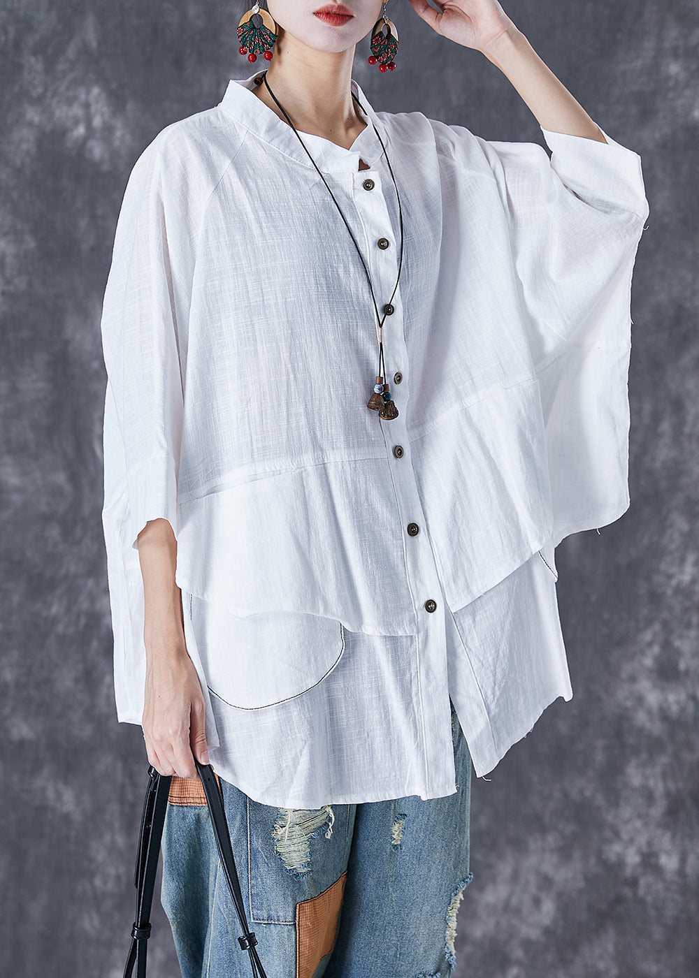 Plus Size Gray-camouflage Stand Collar Patchwork Linen Shirt Tops Batwing Sleeve