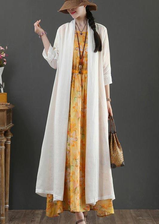 Plus Size White Summer Linen side open Loose Coat Long