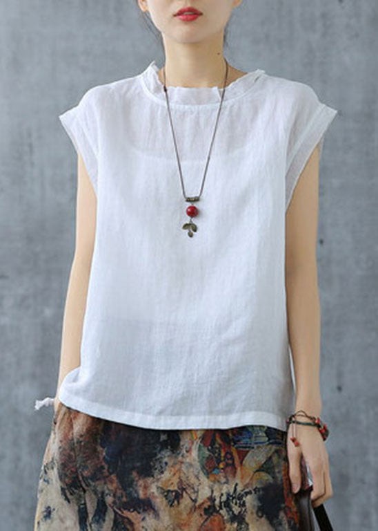 Plus Size White drawstring Turtle Neck Linen Tank Short Sleeve