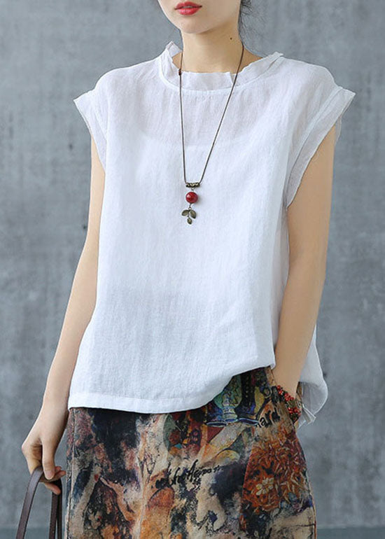 Plus Size White drawstring Turtle Neck Linen Tank Short Sleeve