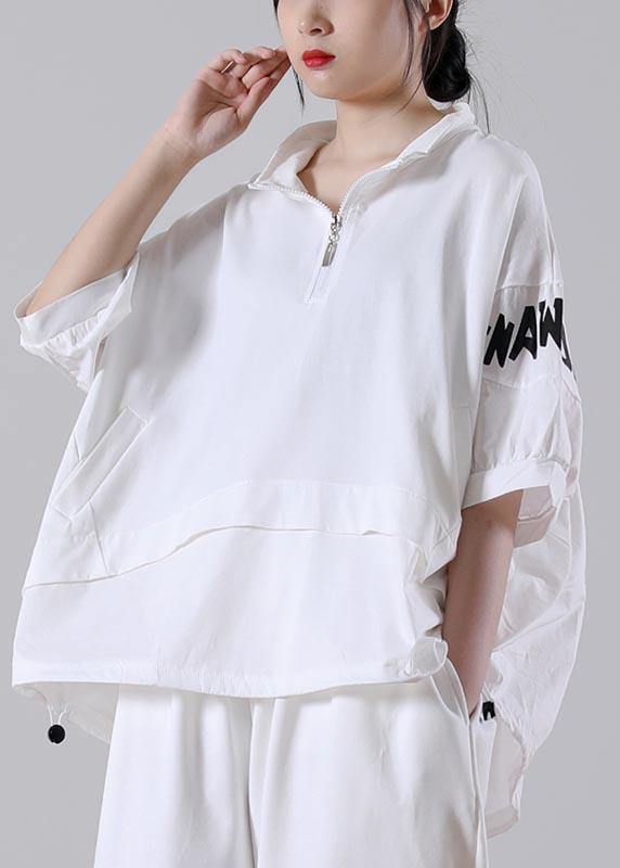 Plus Size White zippered Cotton Blouse Tops Summer