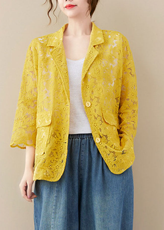 Plus Size Yellow Button Peter Pan Collar Lace Coat Long Sleeve