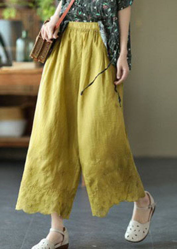 Plus Size Yellow Elastic Waist Embroideried Linen Crop Pants Summer